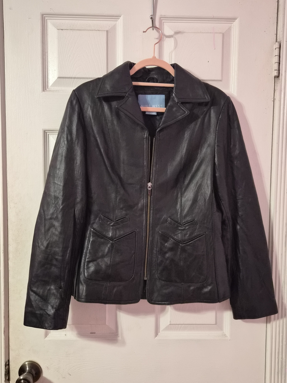 Nine West Black Genuine Leather Zip Jacket with Patch Pockets